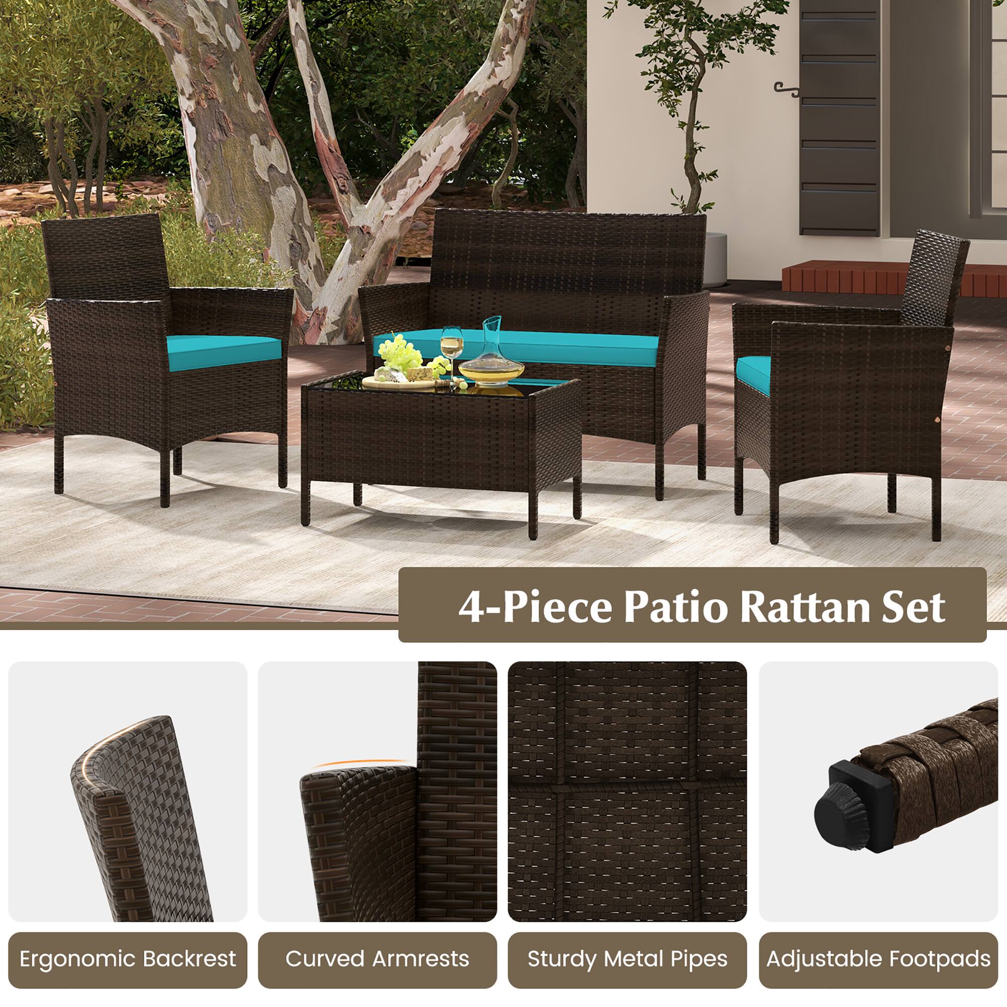 4-Piece Patio Rattan Set
Ergonomic Backrest
Curved Armrests
Sturdy Metal Pipes
Adjustable Footpads