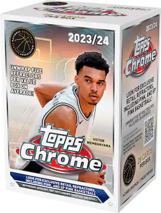 Topps Chrome Box 2023/24: Unwrap Five Refractors Per Box on Average! Look for Refractors, Pink Parallels, and Retail Pink Parallels Including Exclusive Pink Basketball! Per Five on Average! Unwrap Box Value Necessary. Purchase and Necessary. Sp Pink Refractors, Per Visit to Topps.com/NPN for Details and Entry.