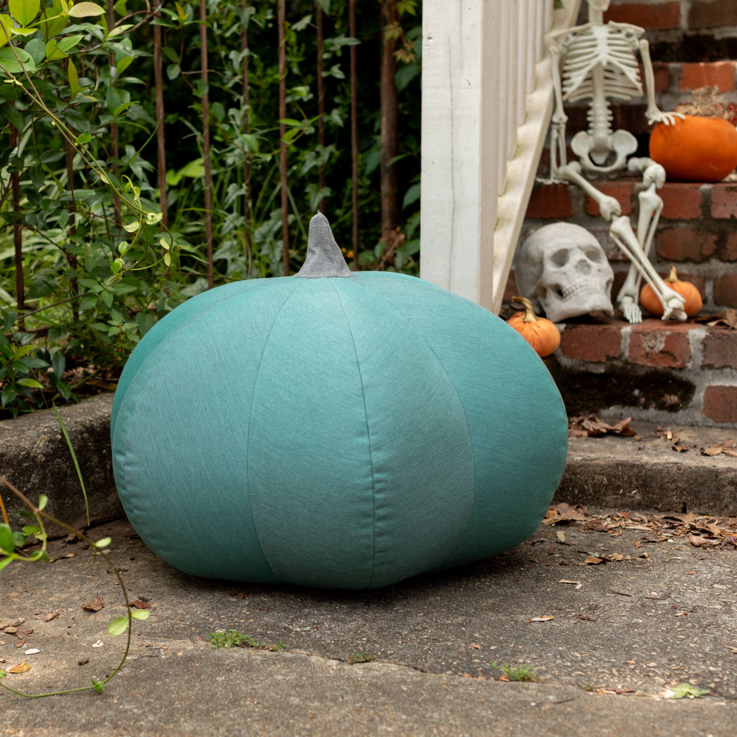 Angle. Jaxx - Jaxx Pumpkin Pouf - Luxurious Ottoman for Fall & Halloween Décor - Indoor/Outdoor Sunbrella Breeze - Sunbrella Tangerine.