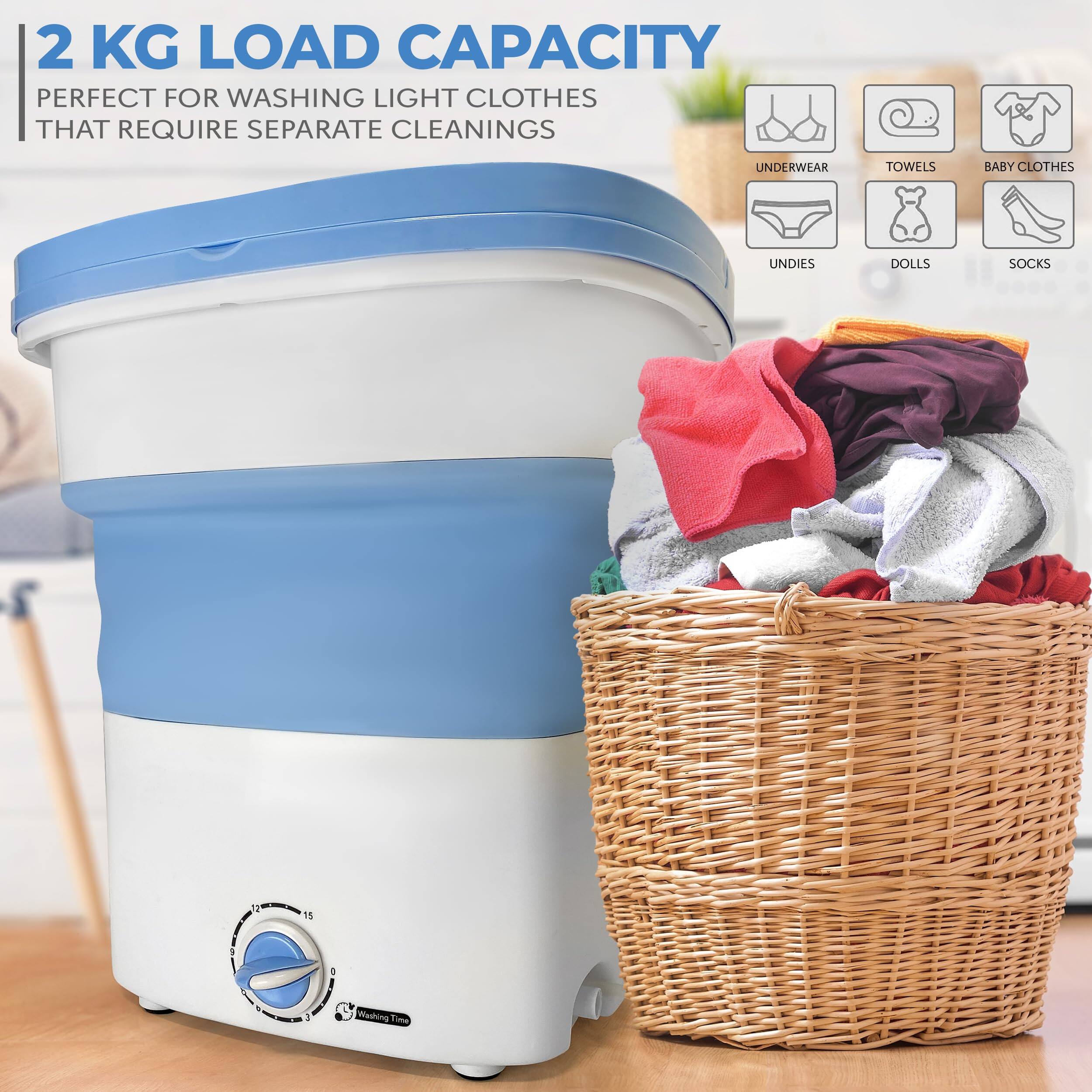 2 KG LOAD CAPACITY  
PERFECT FOR WASHING LIGHT CLOTHES THAT REQUIRE SEPARATE CLEANINGS  

UNDERWEAR  
TOWELS  
BABY CLOTHES  
UNDIES  
DOLLS  
SOCKS  

Washing Time