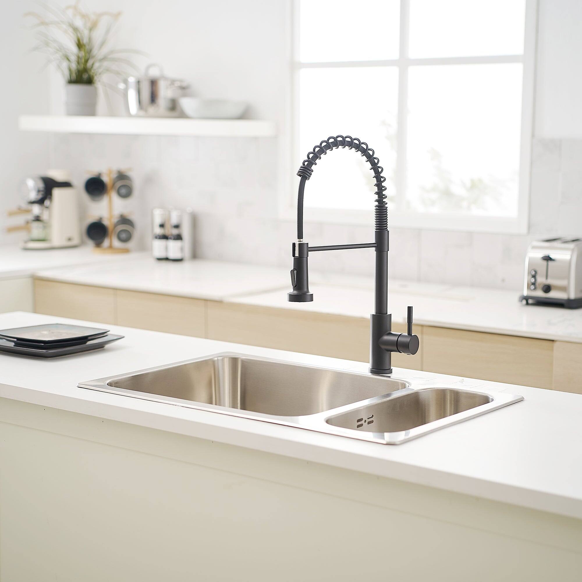 Alt View 6. Boyel Living - Matte Black Single Handle Pull Down Sprayer Kitchen Faucet Stainless Steel with Water Supply Hoses - Matte Black.