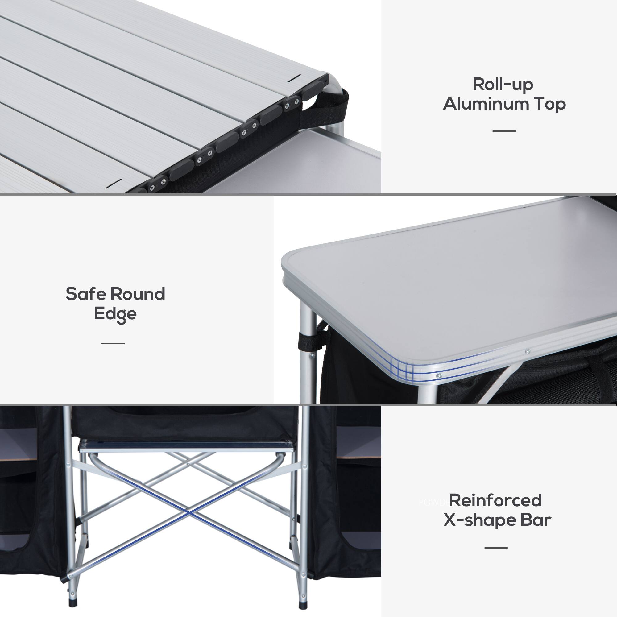 - Roll-up Aluminum Top
- Safe Round Edge
- Reinforced X-shape Bar