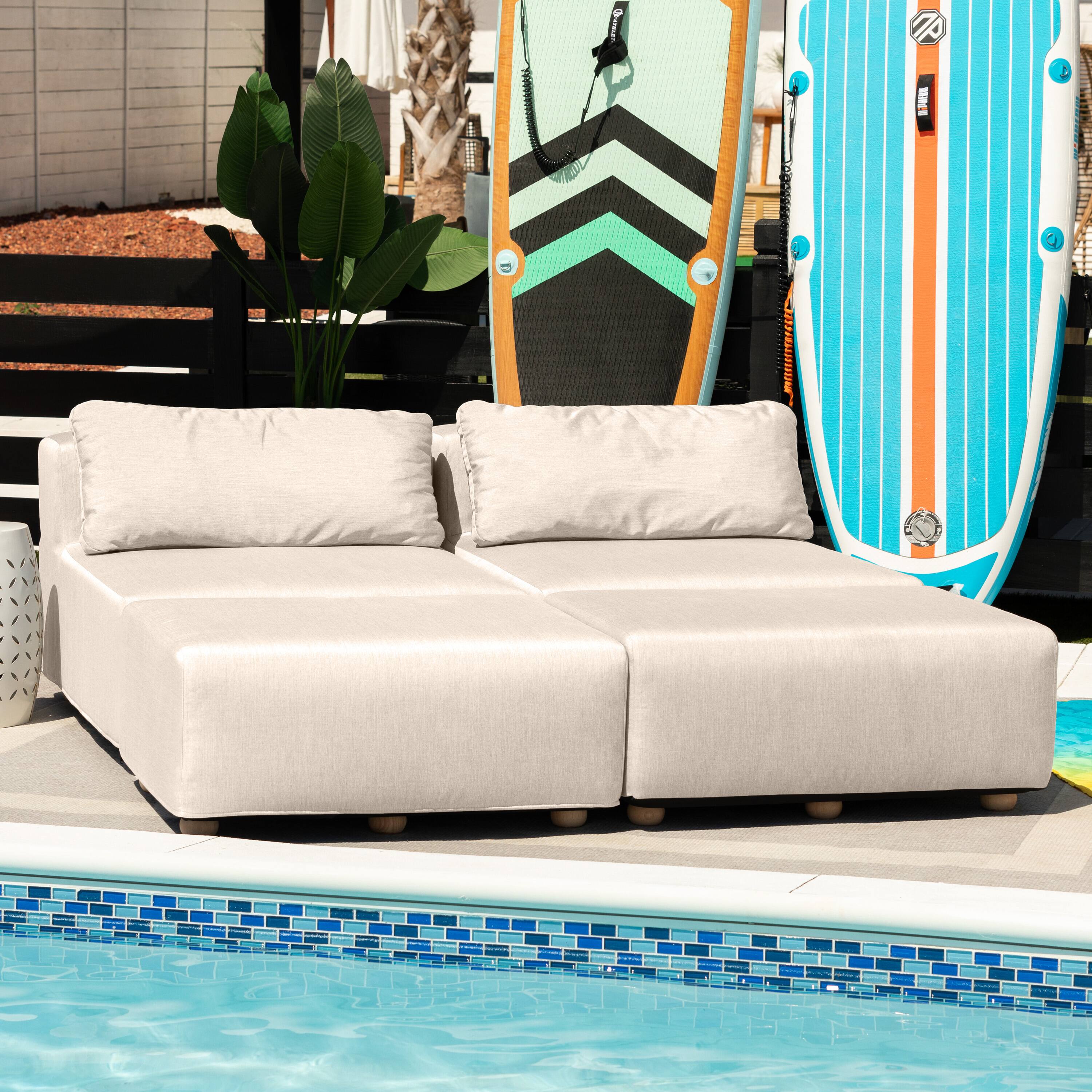 Angle. Jaxx - Jaxx Vada Outdoor Sun Lounger Loveseat Luxurious Modular Double Chaise & Conversation Nook with Ottomans, Sunbrella Flax - Flax.