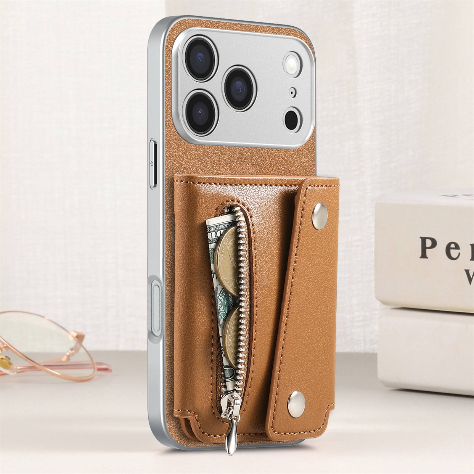 Alt View 1. Dteck - PU Leather Wallet Case for Apple iPhone 17 Pro, Shockproof Kickstand Phone Cover with Card Slots and Zipper Pocket - Brown.