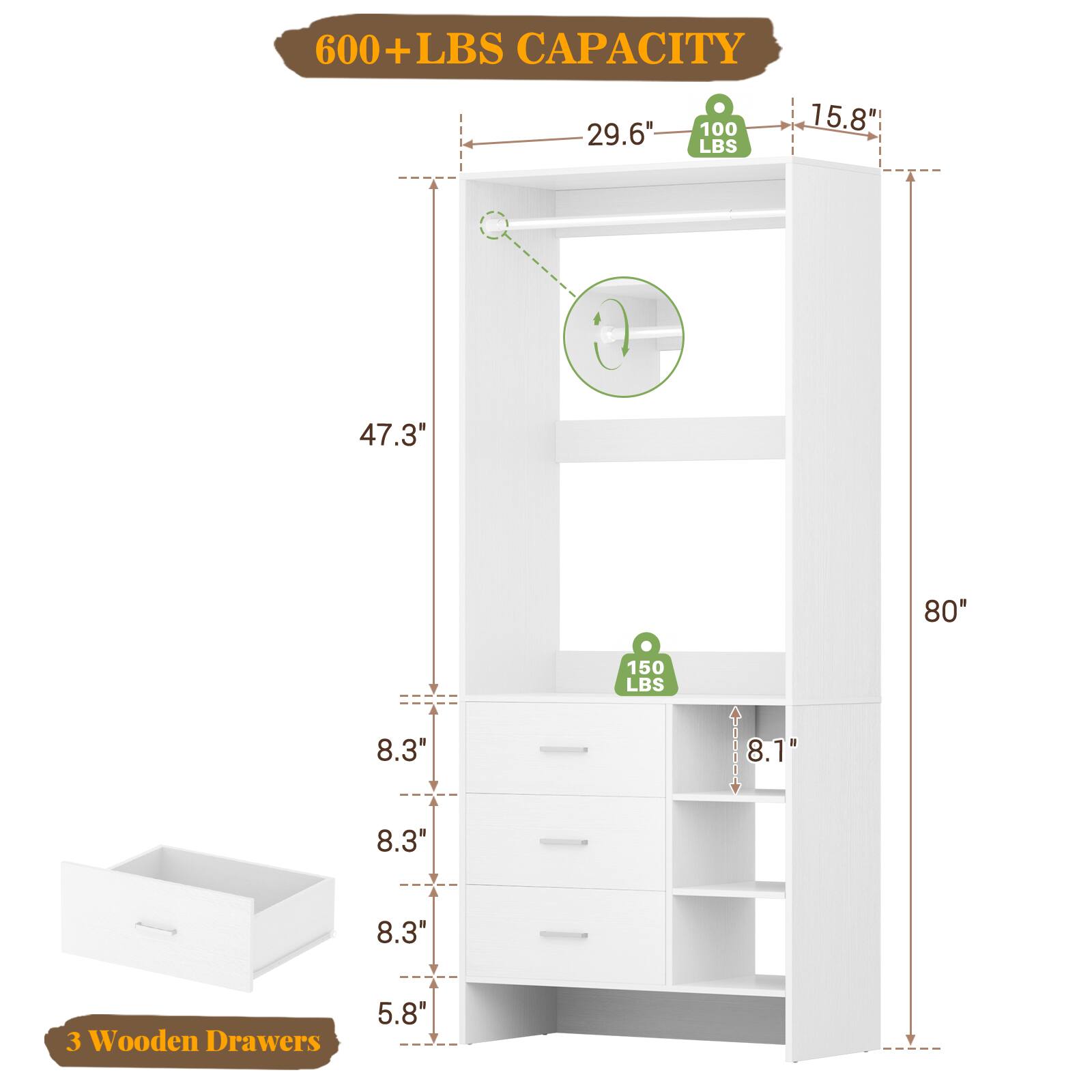 600+ LBS CAPACITY

- 29.6" (100 LBS)
- 15.8"
- 47.3"
- 80"
- 8.3"
- 8.3"
- 8.3"
- 5.8"

3 Wooden Drawers