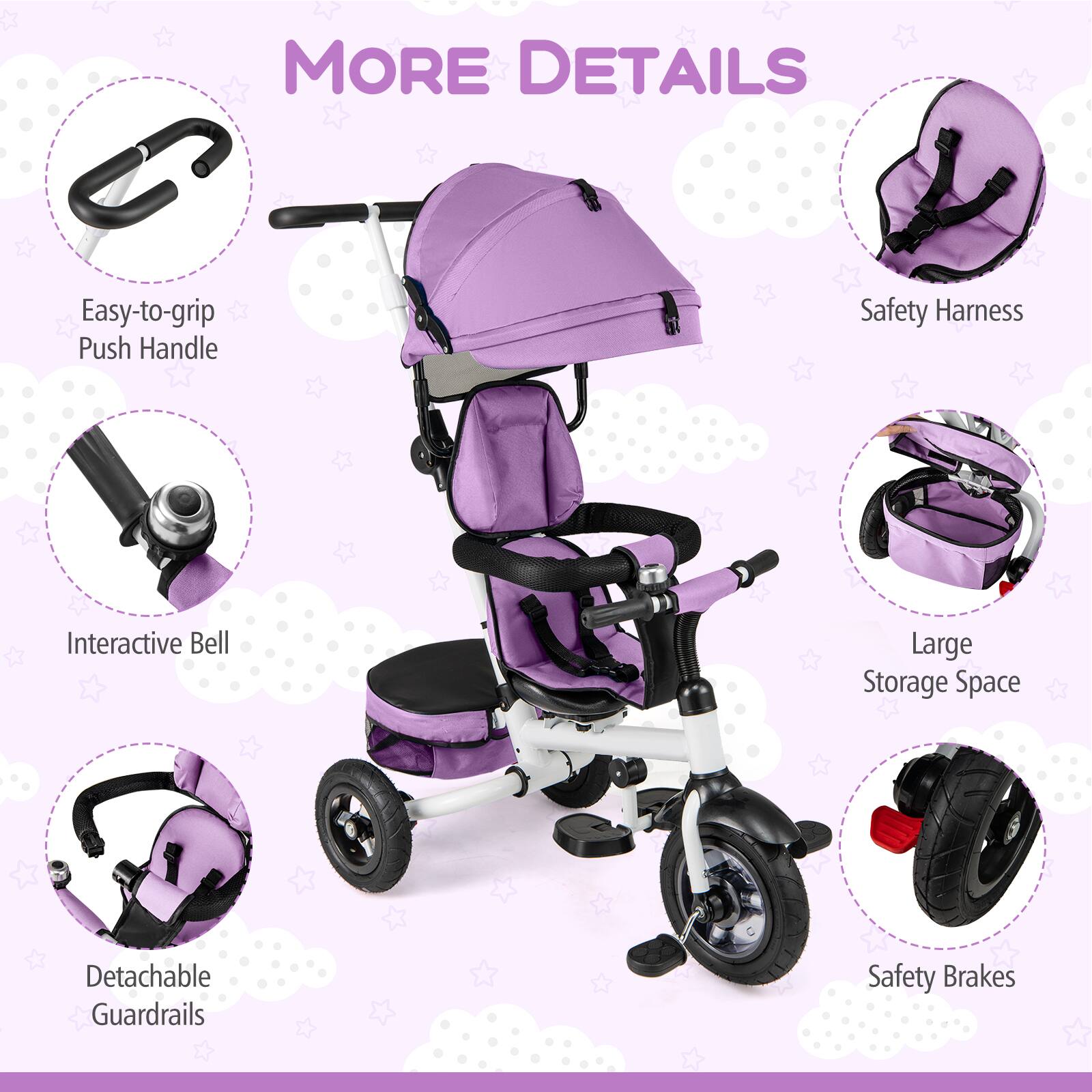 - Easy-to-grip Push Handle
- Interactive Bell
- Detachable Guardrails
- Safety Harness
- Large Storage Space
- Safety Brakes