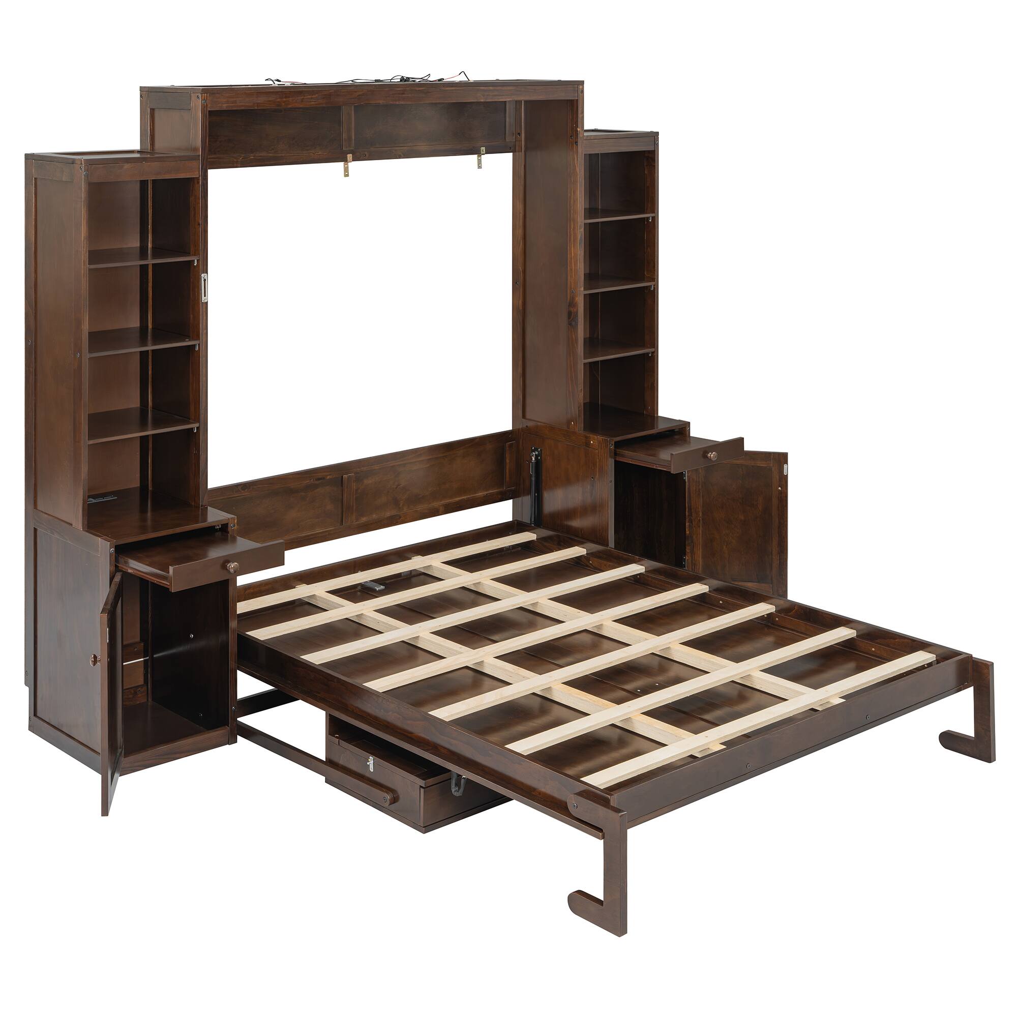 Alt View 2. Anysun - Queen Size Murphy Bed with Desk & Storage, Space-Saving Wood Wall Bed with Cabinets & Drawers - Brown.