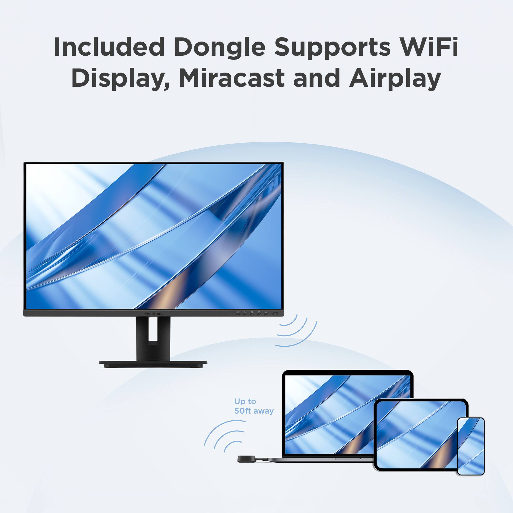 Included Dongle Supports WiFi Display, Miracast and Airplay Up to 50ft away