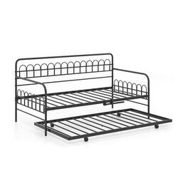 Pefilos - Twin Size Daybed, Curved Backrest & Armrests, 13+13 Heavy-Duty Metal Slats, Extra Support Leg, Trundle - Black