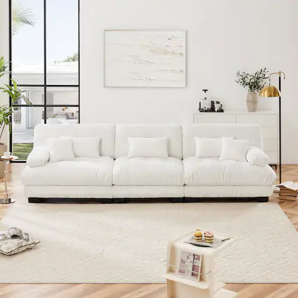 Front. Aukfa - Extra Large 3-Seat Modern Velvet Sofa - Cloud Like Comfort, Waist Pillows and Throw Pillows Included - White.