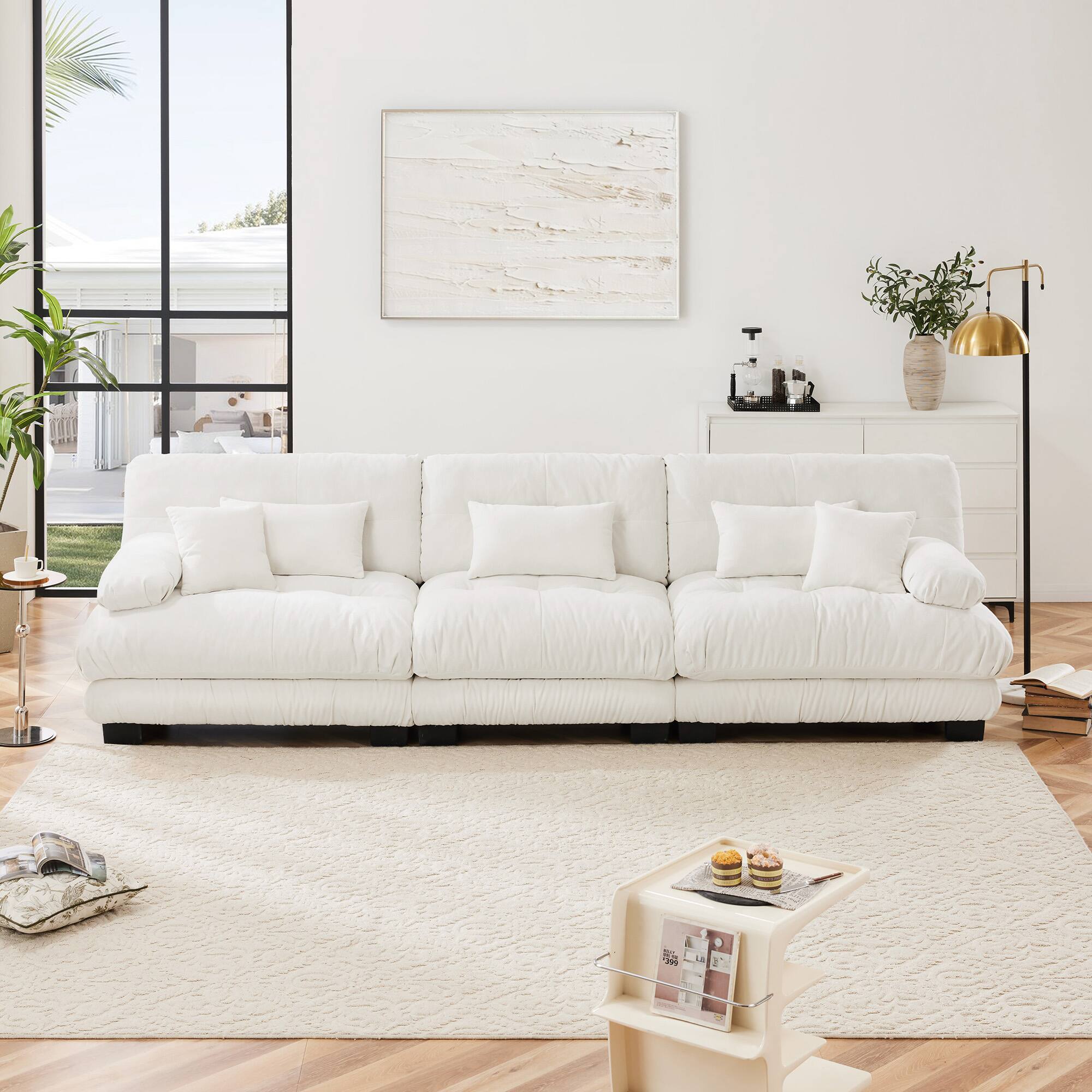 Front. Aukfa - Extra Large 3-Seat Modern Velvet Sofa - Cloud Like Comfort, Waist Pillows and Throw Pillows Included - White.