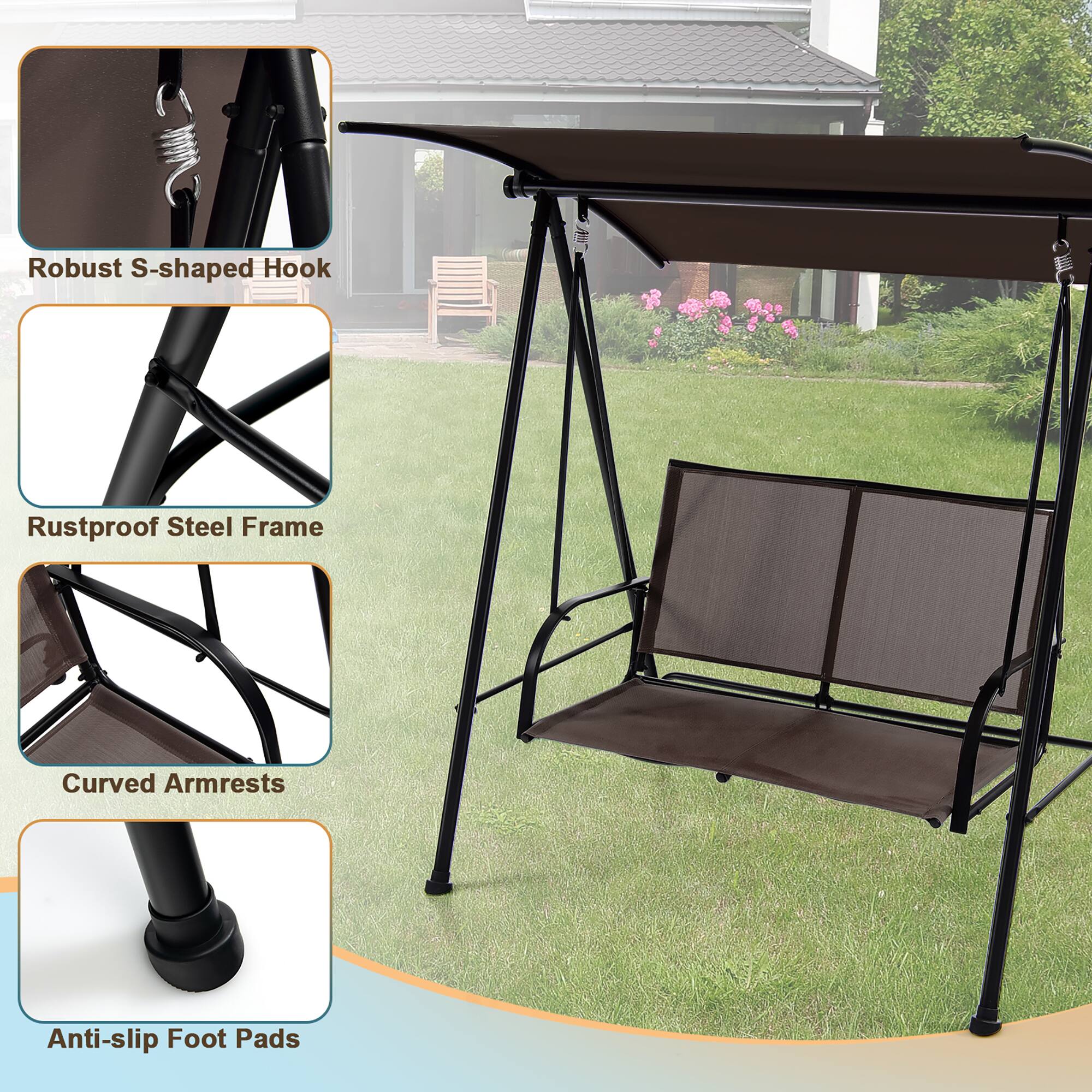 Robust S-shaped Hook, Rustproof Steel Frame, Curved Armrests, Anti-slip Foot Pads