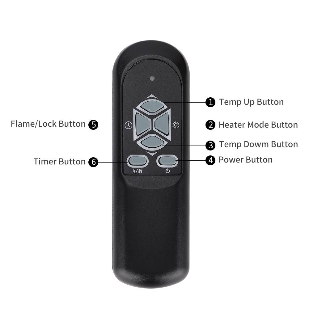 1. Temp Up Button  
2. Heater Mode Button  
3. Temp Down Button  
4. Power Button  
5. Flame/Lock Button  
6. Timer Button