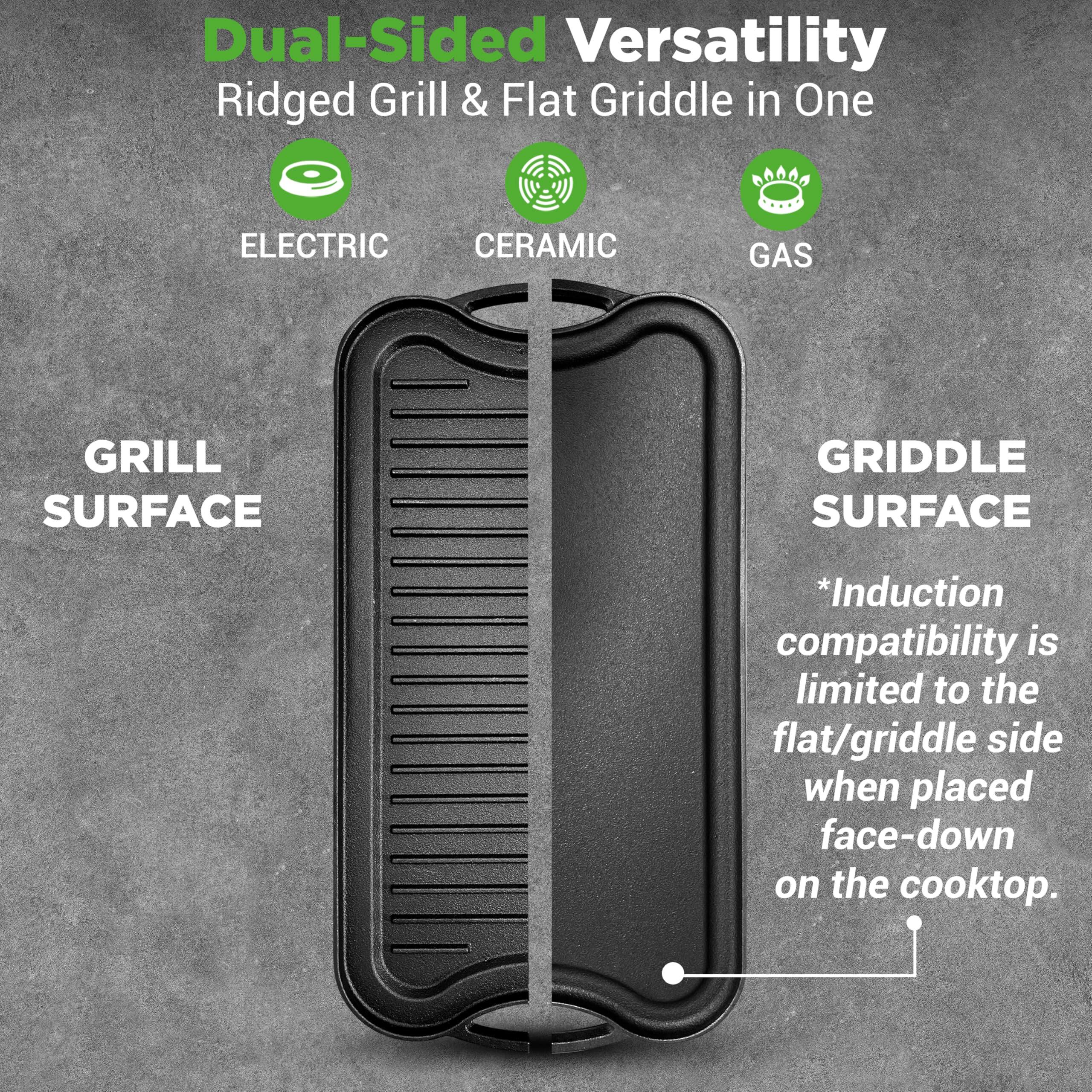 Dual-Sided Versatility: Ridged Grill & Flat Griddle in One

ELECTRIC CERAMIC GAS GRILL SURFACE GRIDDLE SURFACE

*Induction compatibility is limited to the flat/griddle side when placed face-down on the cooktop.