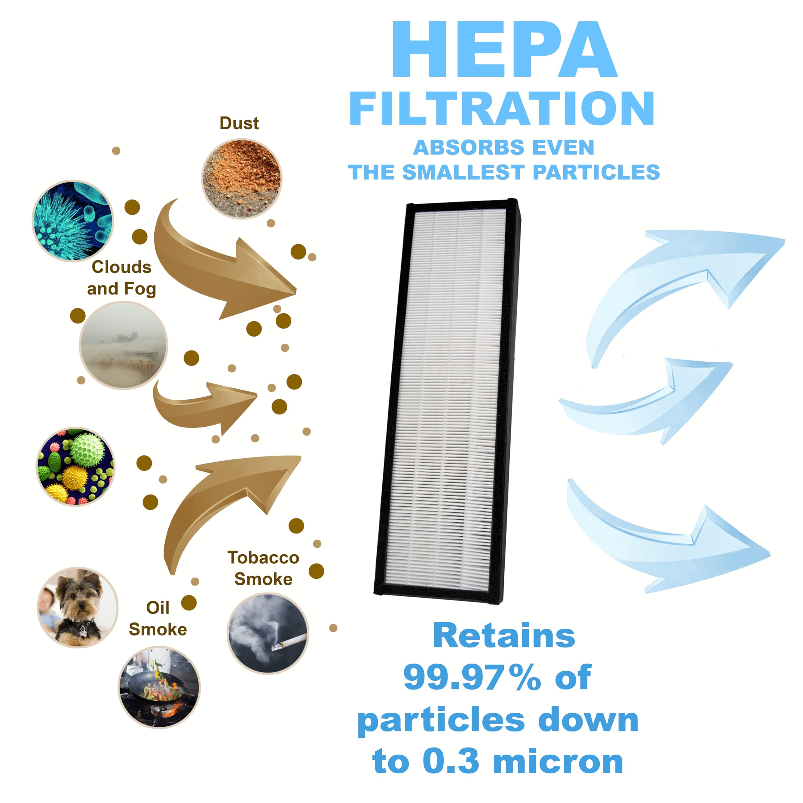 HEPA FILTRATION  
ABSORBS EVEN THE SMALLEST PARTICLES  

Clouds and Fog  
Oil Smoke  
PA Dust  
Tobacco Smoke  

Retains 99.97% of particles down to 0.3 micron