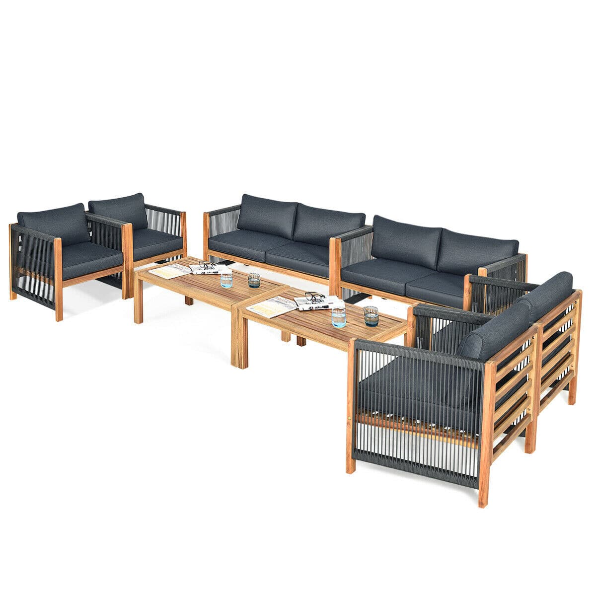 Gymax - 8PCS Acacia Wood Outdoor Patio Furniture Set Cushioned Sofa W/Nylon Rope Armrest - teak and grey price history on PriceWatchPro