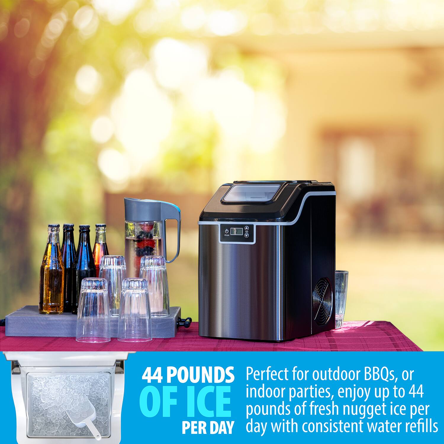 44 POUNDS OF ICE PER DAY

Perfect for outdoor BBQs, or indoor parties, enjoy up to 44 pounds of fresh nugget ice per day with consistent water refills