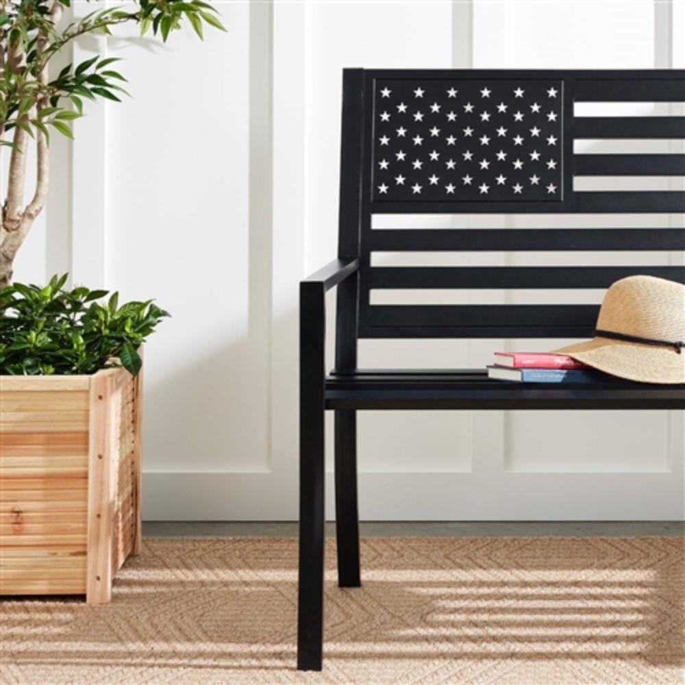 Back. Hivvago - 2 Person Metal Bench with American Flag Backrest - Black.