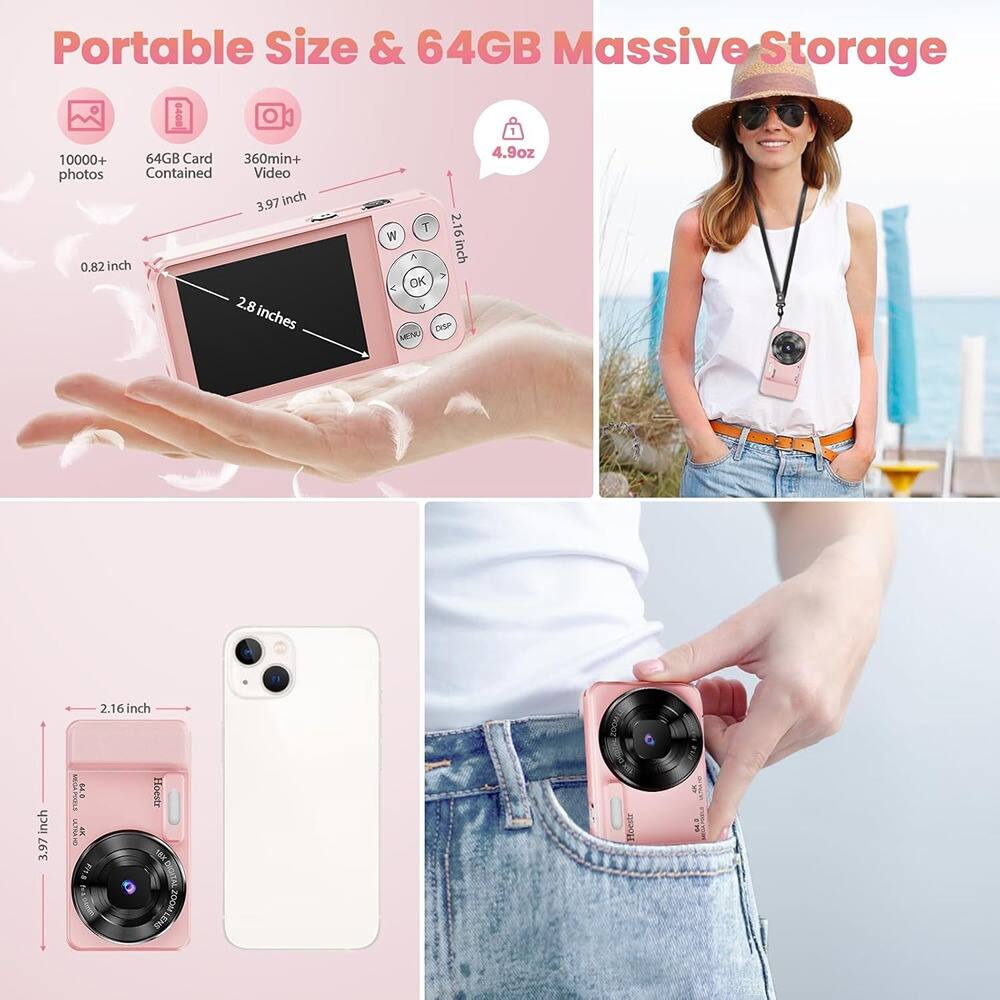 Portable Size & 64GB Massive Storage

- 10000+ photos
- 64GB Card Contained
- 360min+ Video
- 3.97 inch
- 2.16 inch
- 0.82 inch
- 4.9oz

2.8 inches

2.16 inch

3.97 inch