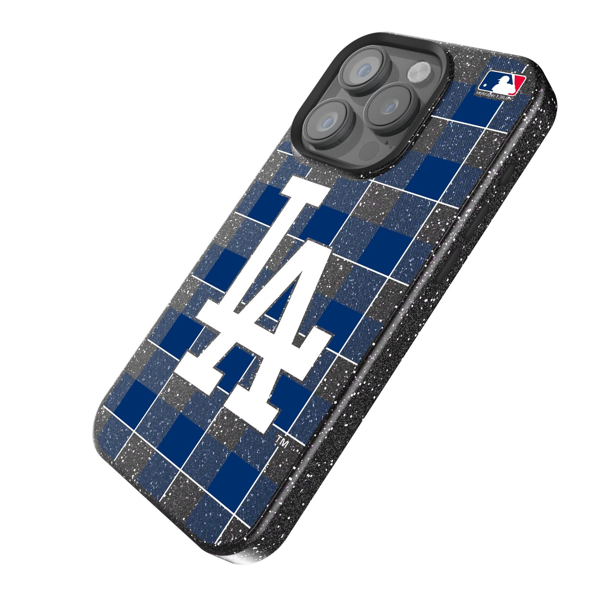 Alt View 1. Keyscaper - Los Angeles Dodgers Plaid Bling iPhone Case - 15 Plus - Black.