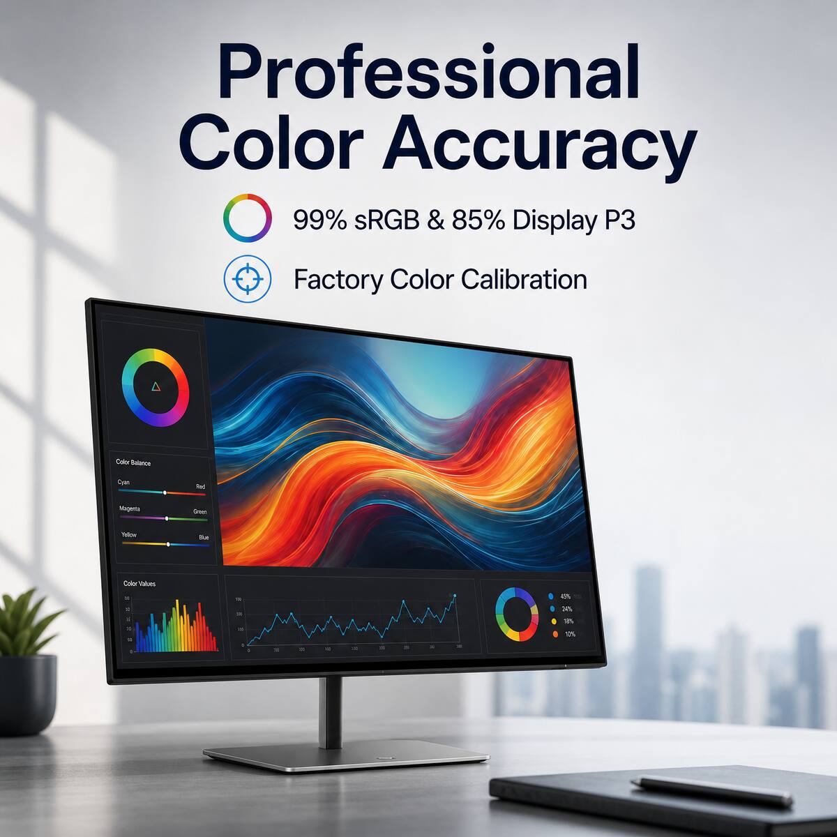 Professional Color Accuracy  
99% sRGB & 85% Display P3  
Factory Color Calibration  
Color Balance  
Cyan  
Red  
Magenta  
Green  
Yellow  
Color Values  
Blue  
R 20 i 0  
x  
=  
21  
2  
00  
3%  18% 10%