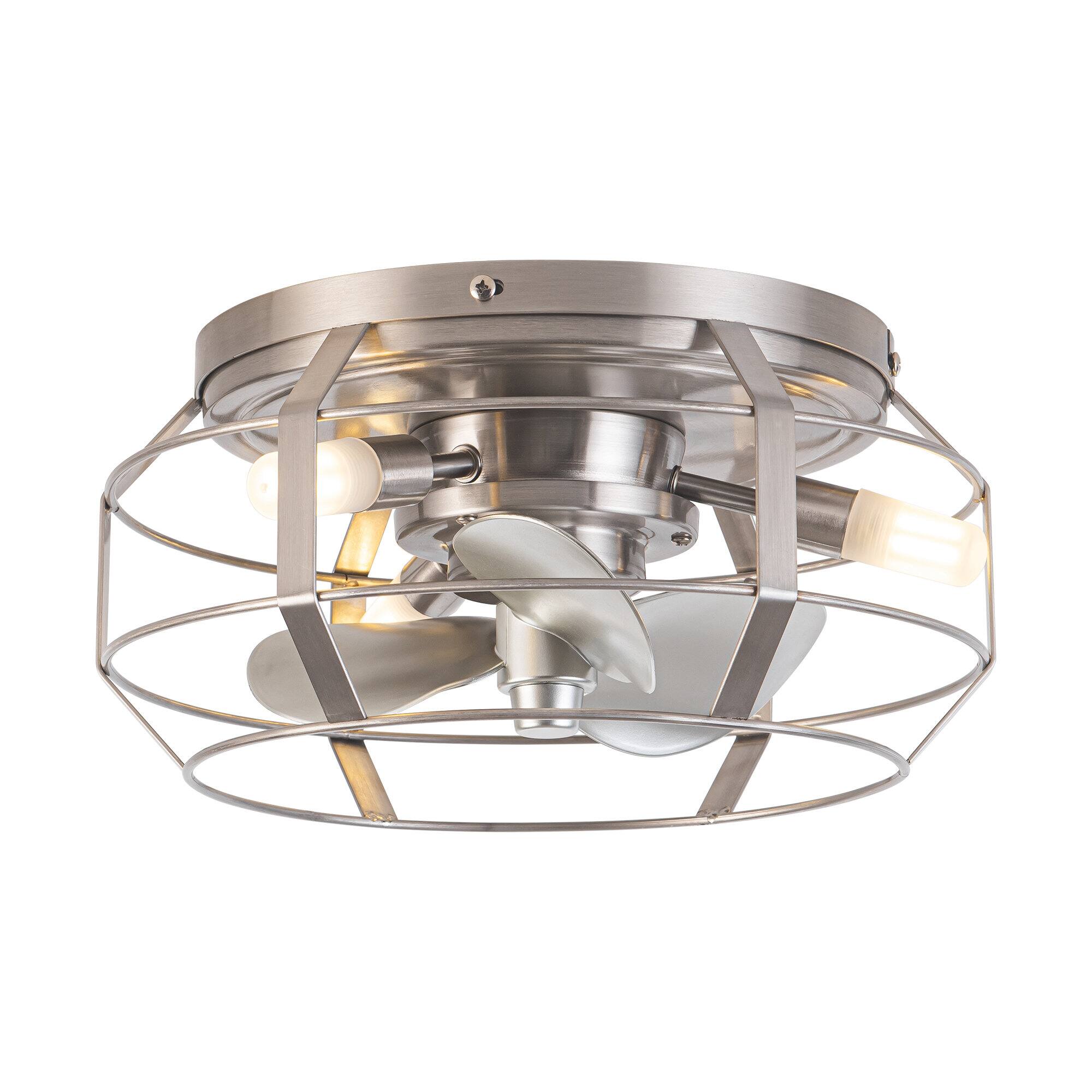 Alt View 1. Parrot Uncle - 12.2" Industrial Metal Caged Flush Mount Ceiling Fan with Light - Nickel.