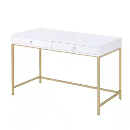 Front. Manhattan Lane - Two Drawers Wooden Desk with Tubular Metal Base, White and Gold - White and Gold.
