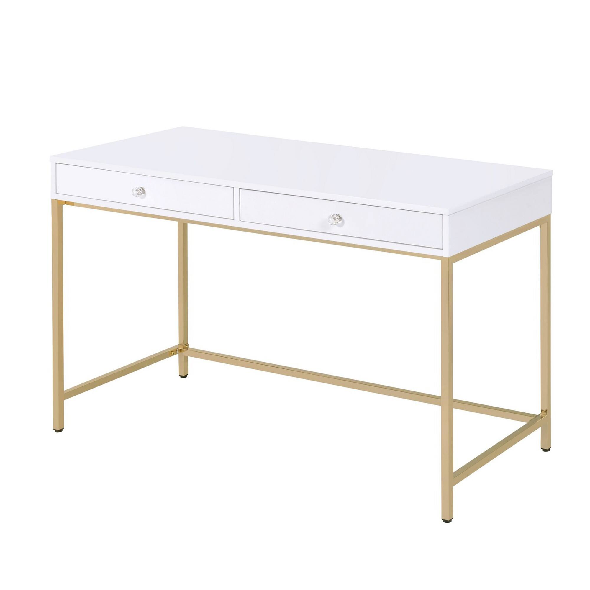 Front. Manhattan Lane - Two Drawers Wooden Desk with Tubular Metal Base, White and Gold - White and Gold.