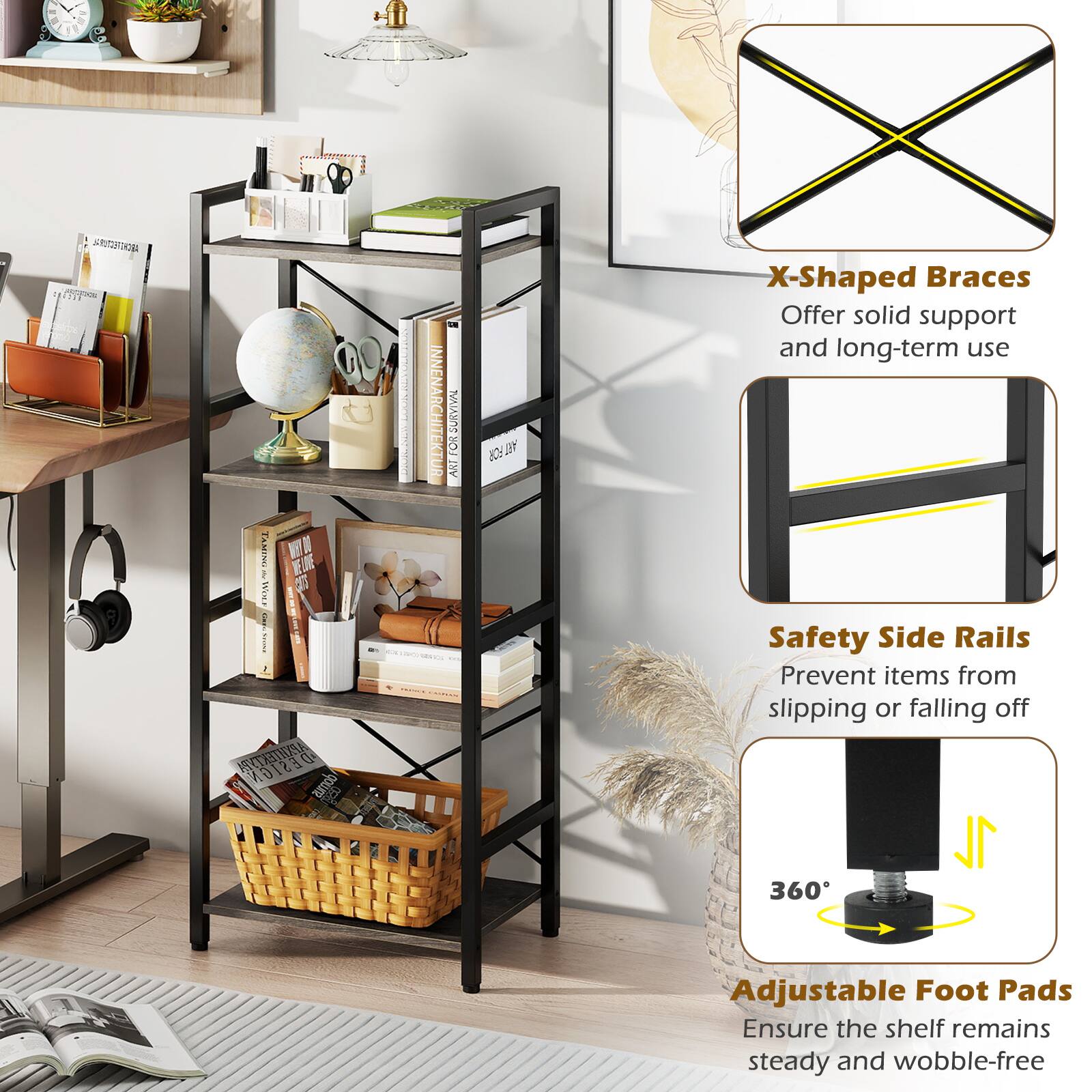 - X-Shaped Braces Offer solid support and long-term use
- Safety Side Rails Prevent items from slipping or falling off
- 360° Adjustable Foot Pads Ensure the shelf remains steady and wobble-free