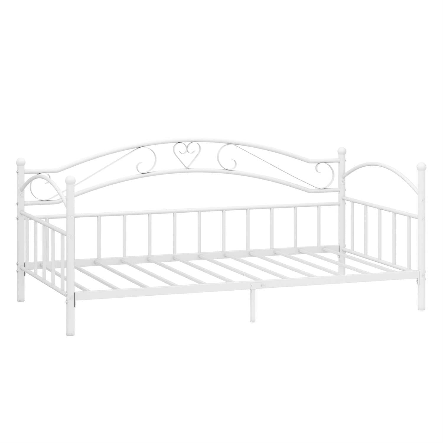 Pefilos - Twin Size Metal Daybed Frame, Headboard with Scrollwork, 12 Powder-Coated Metal Slats, Middle Support Leg, Non-Slip Foot - White