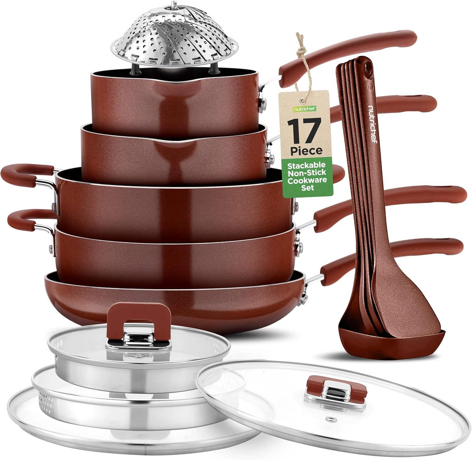 NutriChef - 17-Piece Non-Stick Cookware Set - Stackable, Induction Base, Foldable Knobs - Brown