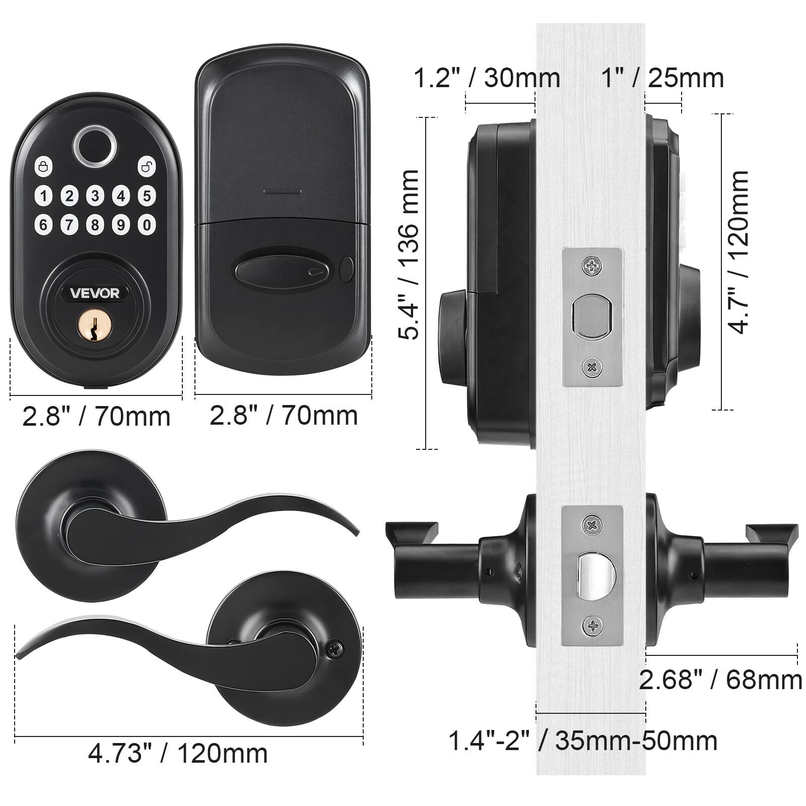 1.2" / 30mm  
1" / 25mm  
5.4" / 136mm  
4.7" / 120mm  
2.8" / 70mm  
2.8" / 70mm  
4.73" / 120mm  
2.68" / 68mm  
1.4"-2" / 35mm-50mm