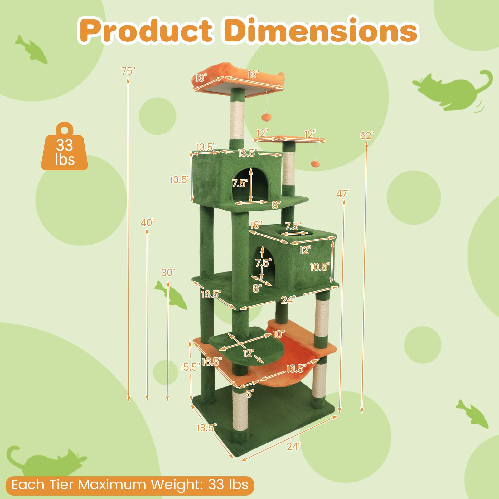 Product Dimensions:  
75" x 40" x 62"  
Each Tier Maximum Weight: 33 lbs  

13" x 13.5" x 10.5"  
12" x 12" x 7.5"  
8" x 16" x 7.5"  
30" x 16.5" x 15.5"  
18.5" x 24" x 10"  
13.5" x 10.5" x 12"  
24" x 13.5" x 7.5"