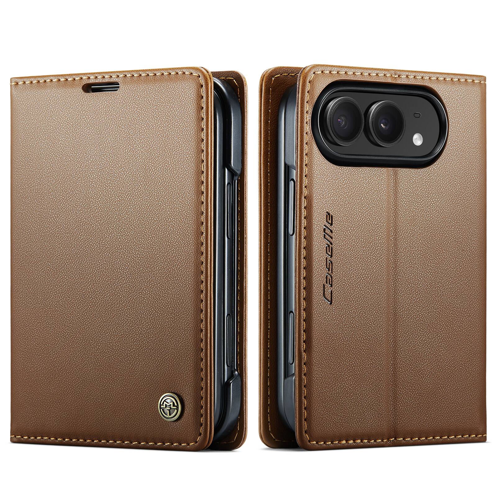 Angle. UUCOVER - Wallet Case for Apple iPhone Duo,Shockproof Magnetic PU Leather Stand Case Card Slots RFID Blocking Protective Cover - Brown.