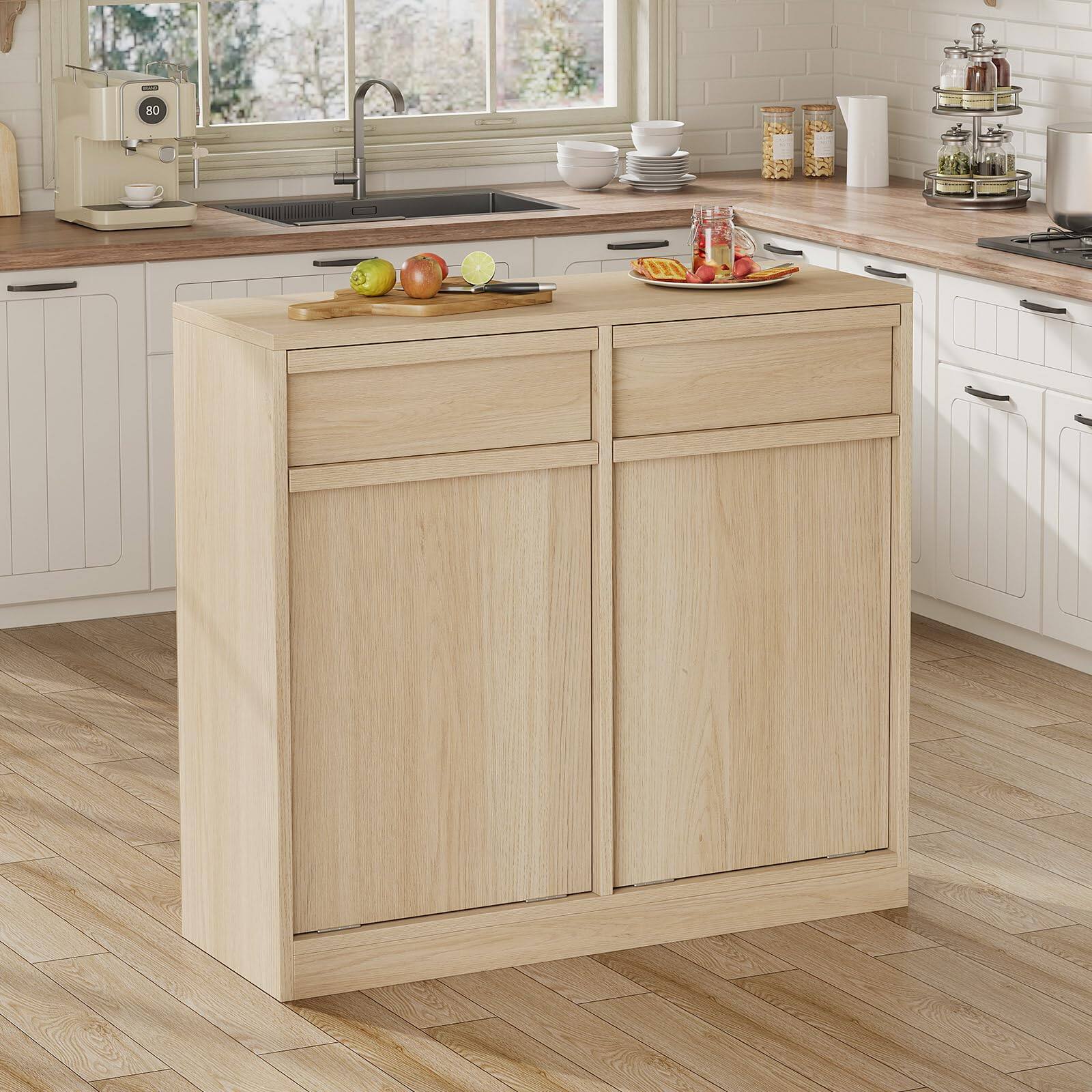 Left. Jojoka - Double Tilt-Out Trash Cabinet 20 Gallon, Hidden Freestanding Garbage Bin Organizer with Drawer & Laundry Hamper - Natural.