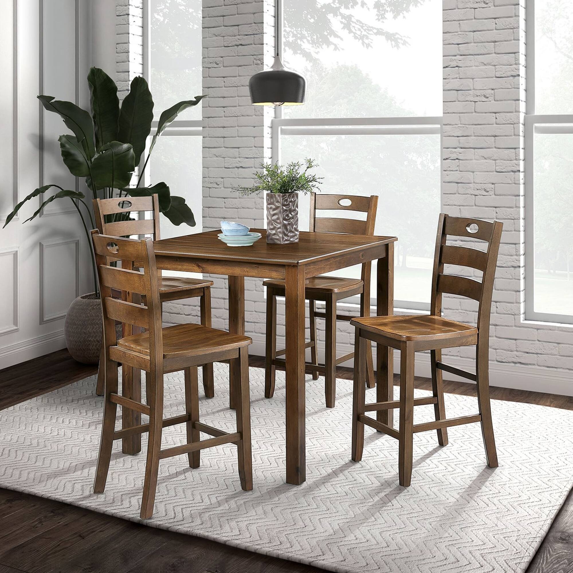 Angle. Vaczon - 5-Piece Walnut Counter Height Table Set, Solid Rubberwood Dining Set with Slat Back Chairs for Kitchen & Dining Room - Walnut.