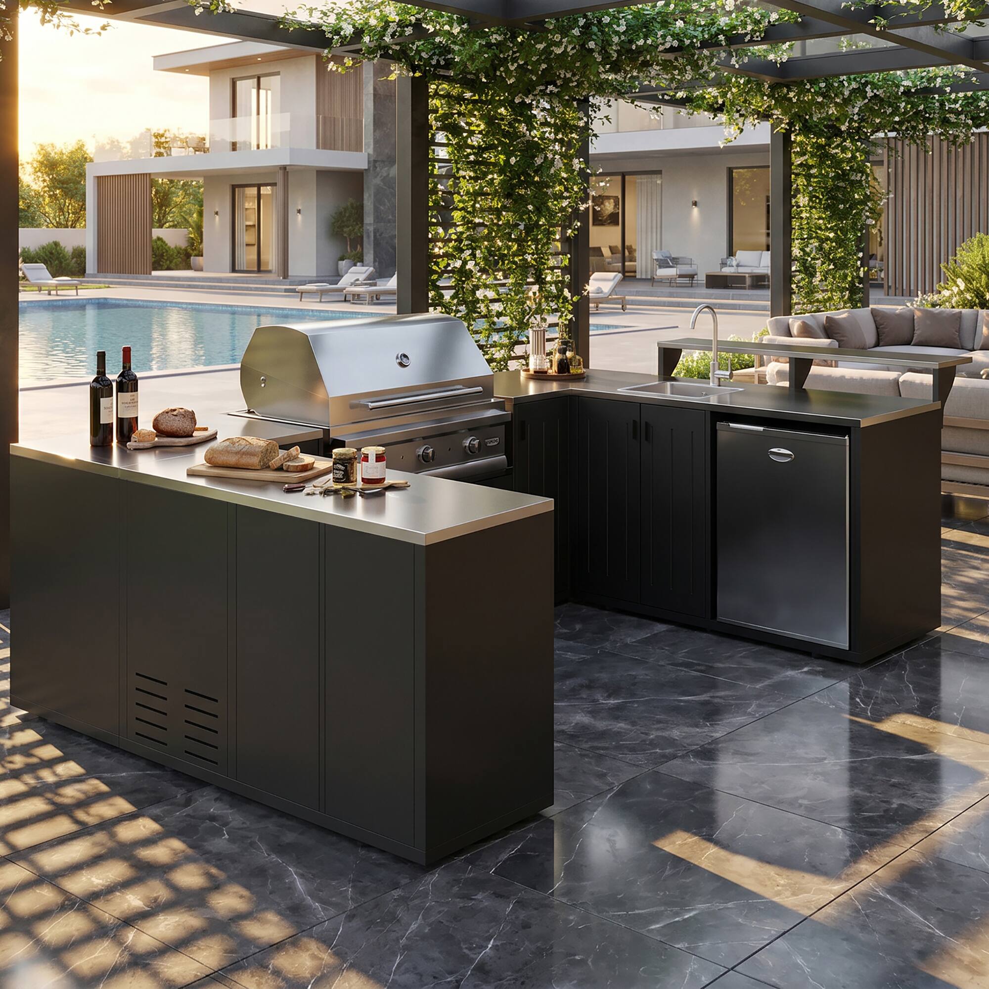 Angle. Famapy - Modular L-Shaped Outdoor Kitchen Set with 304 SS Countertop, Grill Base & Sink Bar for Backyard Patio BBQ Storage.