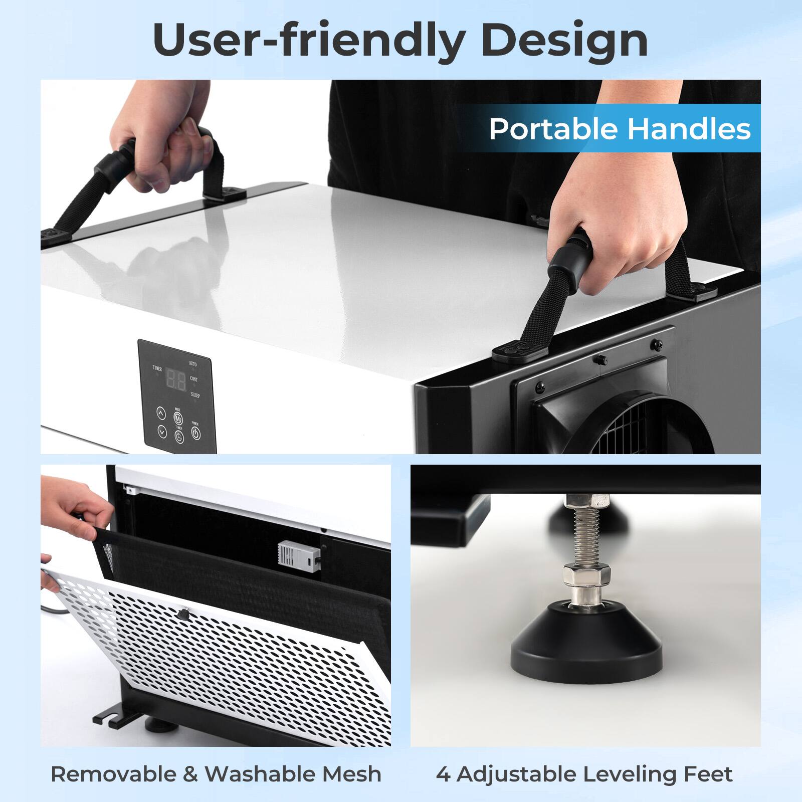 User-friendly Design Portable Handles - Removable & Washable Mesh 4 Adjustable Leveling Feet