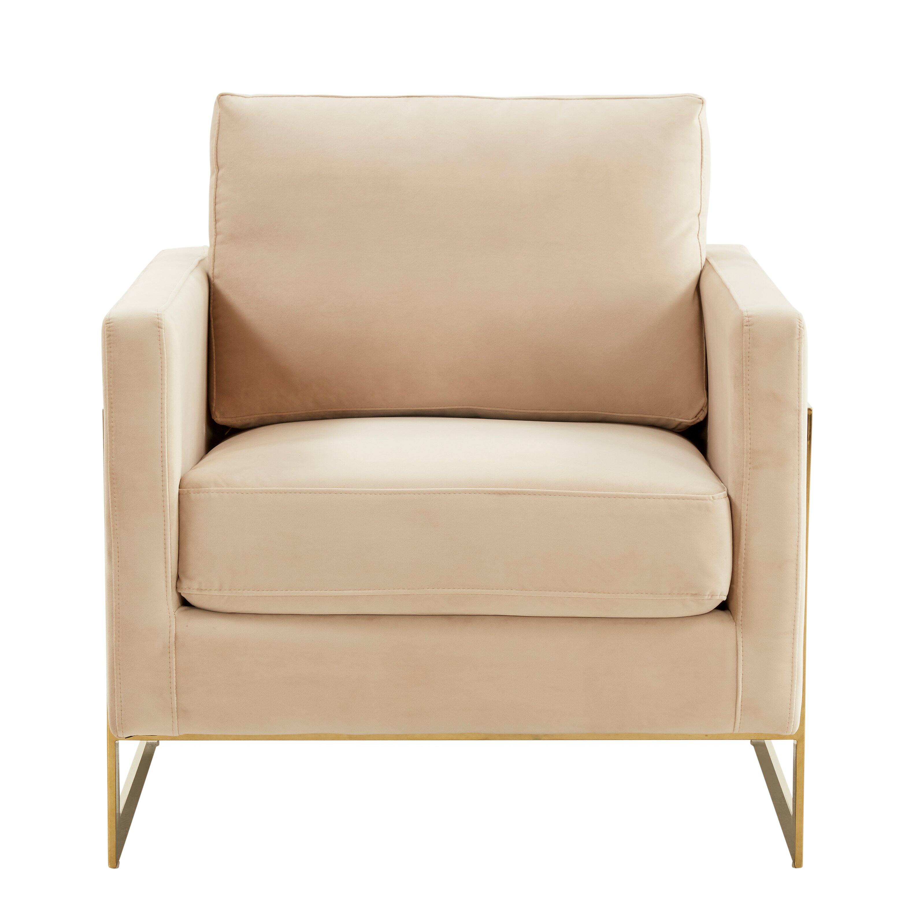 Alt View 1. LeisureMod - Lincold Modern Velvet Accent Chair, Gold Stainless Steel Sled Base Upholstered Armchair - Fully Assembled - Beige.