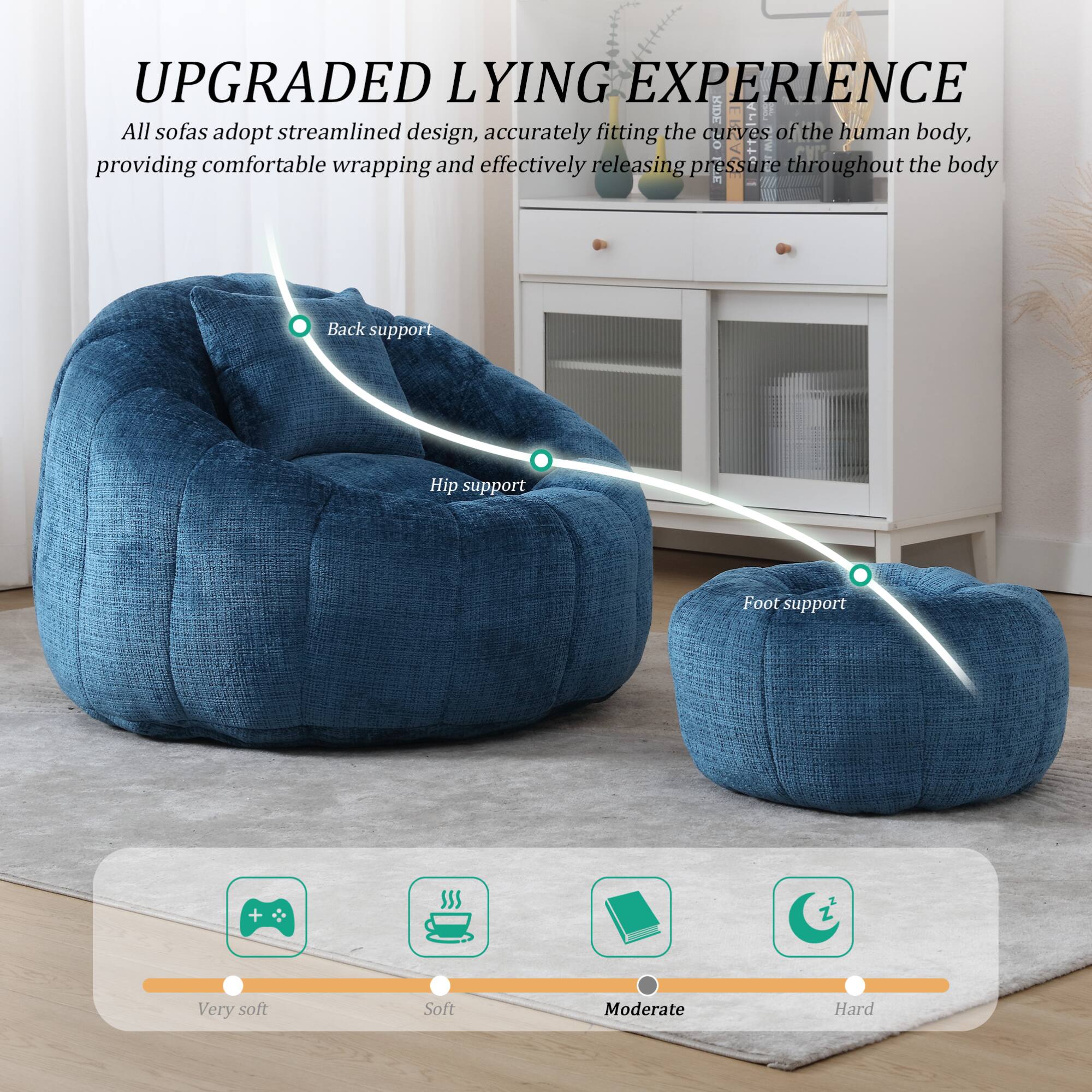 UPGRADED LYING EXPERIENCE

All sofas adopt streamlined design, accurately fitting the curves of the human body, providing comfortable wrapping and effectively releasing pressure throughout the body.

- Back support
- Hip support
- Foot support

Very soft | Soft | Moderate | Hard