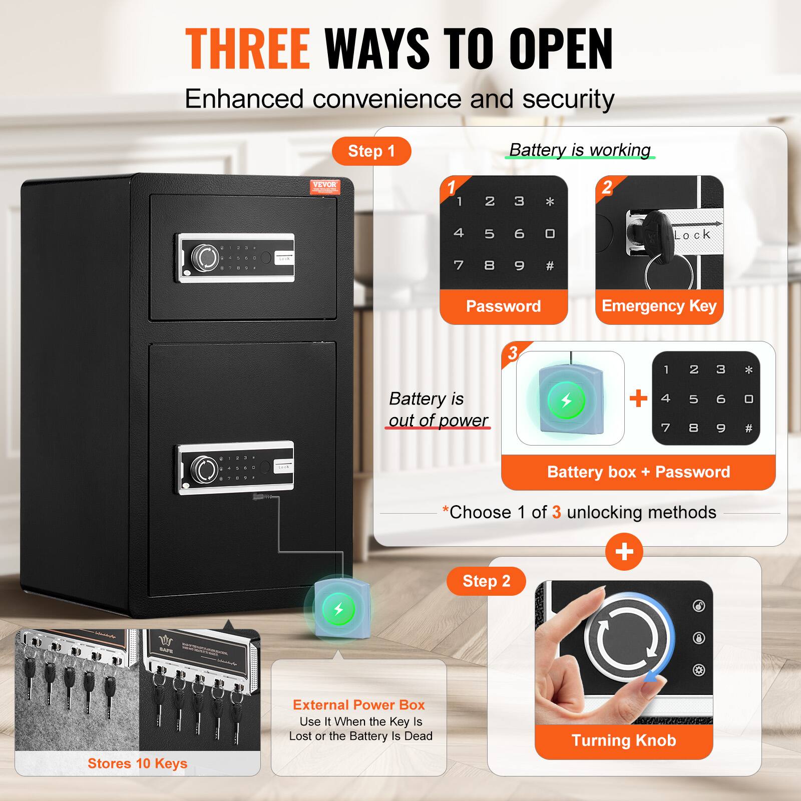THREE WAYS TO OPEN
Enhanced convenience and security

Step 1
Battery is working
VEYOE
1 2 3 * 4 5 6 7 8 9 #
Password
Emergency Key

Step 2
Battery is out of power
Battery box + Password
Choose 1 of 3 unlocking methods

Step 2
External Power Box
Use It When the Key is Lost or the Battery is Dead
Stores 10 Keys
Turning Knob