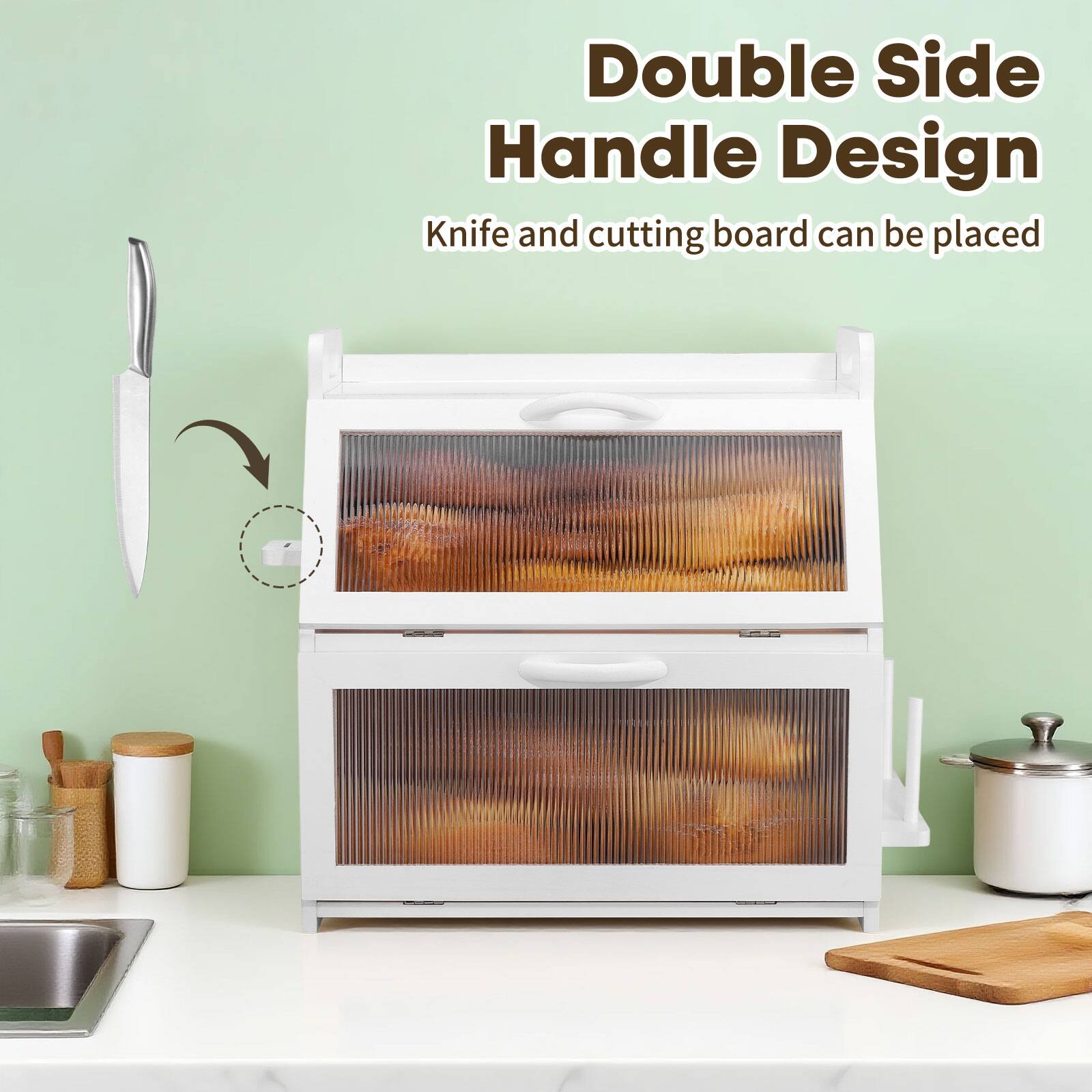 Double Side Handle Design  
Knife and cutting board can be placed