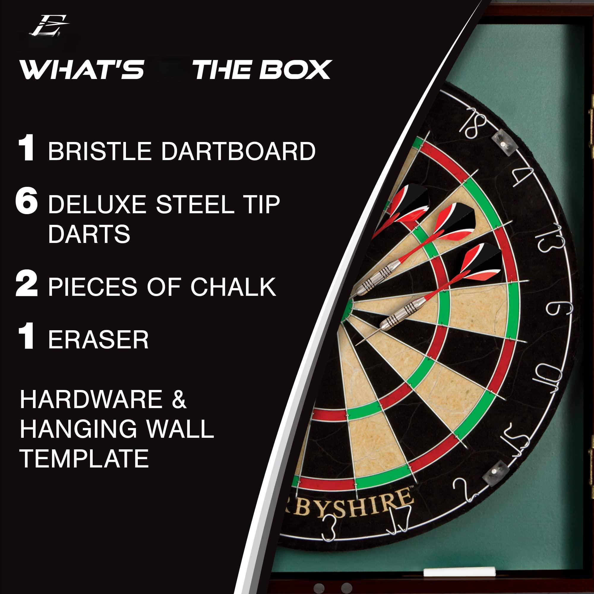 Sure, here is the corrected and grouped text from the image:

---

**WHAT'S IN THE BOX**

1. BRISTLE DARTBOARD  
2. PIECES OF CHALK  
3. ERASER  
4. HARDWARE & HANGING WALL TEMPLATE  
5. DELUXE STEEL TIP DARTS (6 PIECES)  

---

This groups the items logically and corrects the numbering.