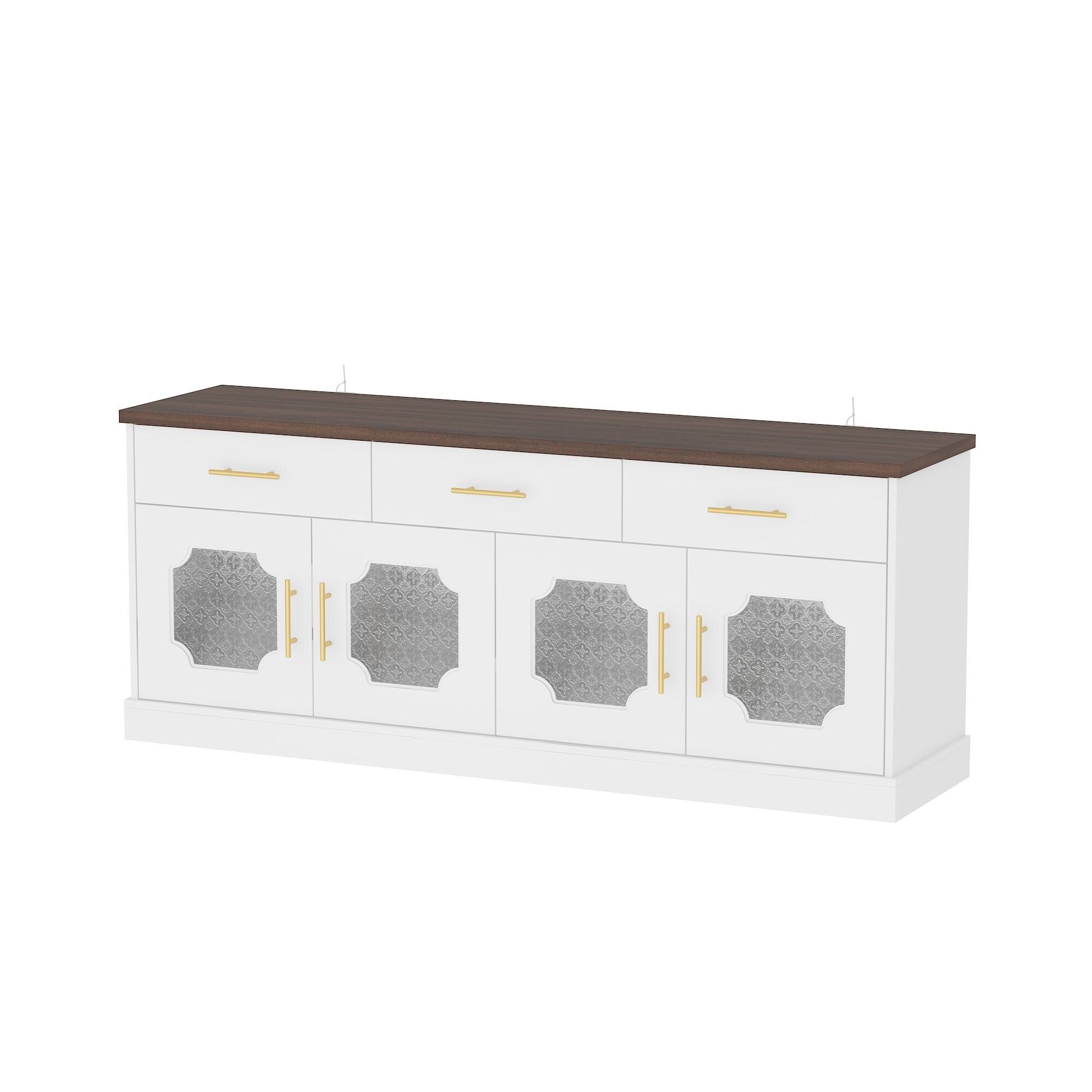 Angle. Famapy - Famapy Modern - Glam TV Stand: Patterned Glass & Gold Accents - White & Wooden.