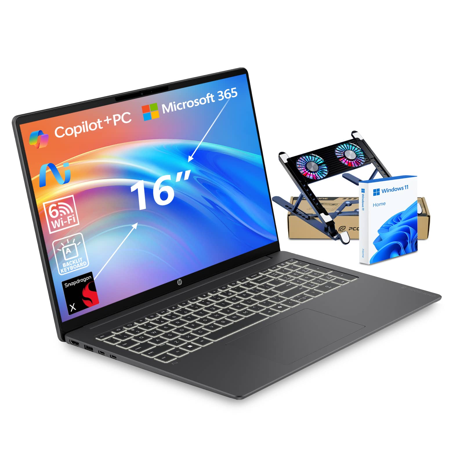 HP - OmniBook 3 16" FHD+ Laptop - Qualcomm Snapdragon X with 16GB RAM 2TB SSD - Copilot & Backlit KB - PCO Laptop Cooler - Black