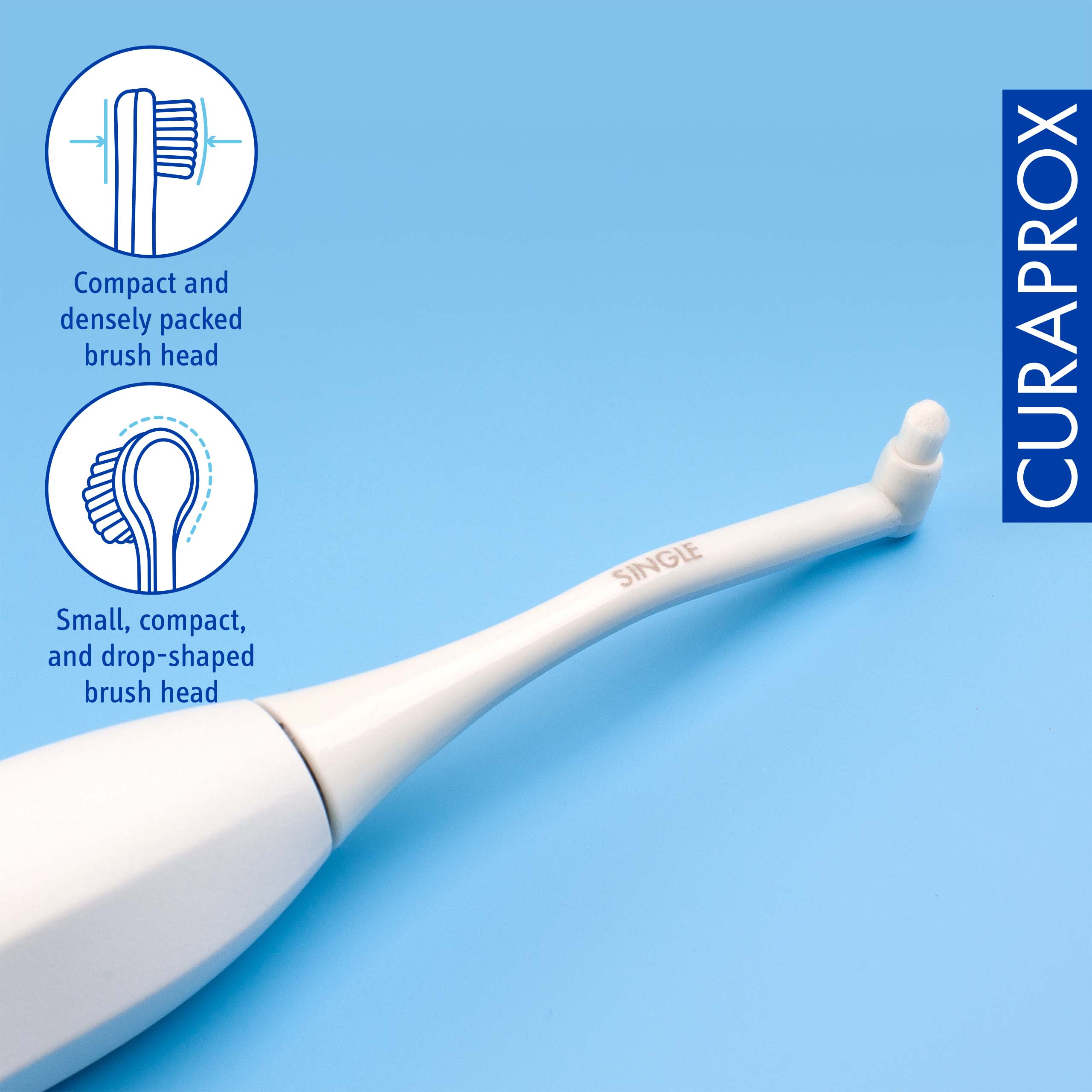 Compact and densely packed brush head, Small, compact, and drop-shaped brush head, SINGLE CURAPROX