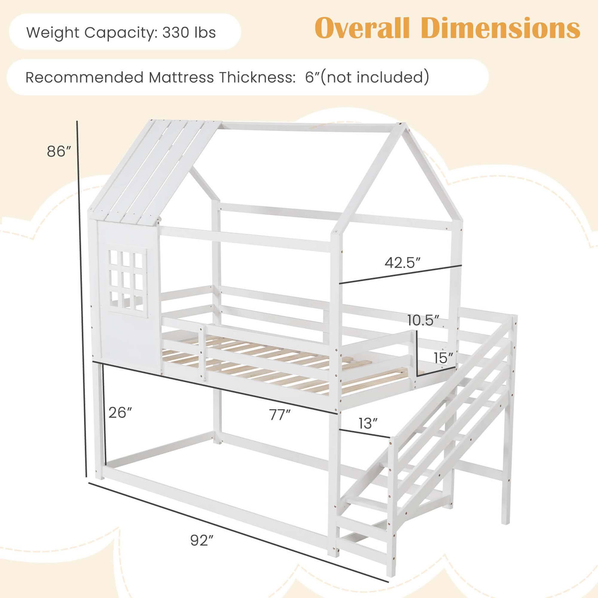 Weight Capacity: 330 lbs. Overall Dimensions: 86" x 42.5" x 10.5" x 15" x 26" x 77" x 13" x 92". Recommended Mattress Thickness: 6" (not included).