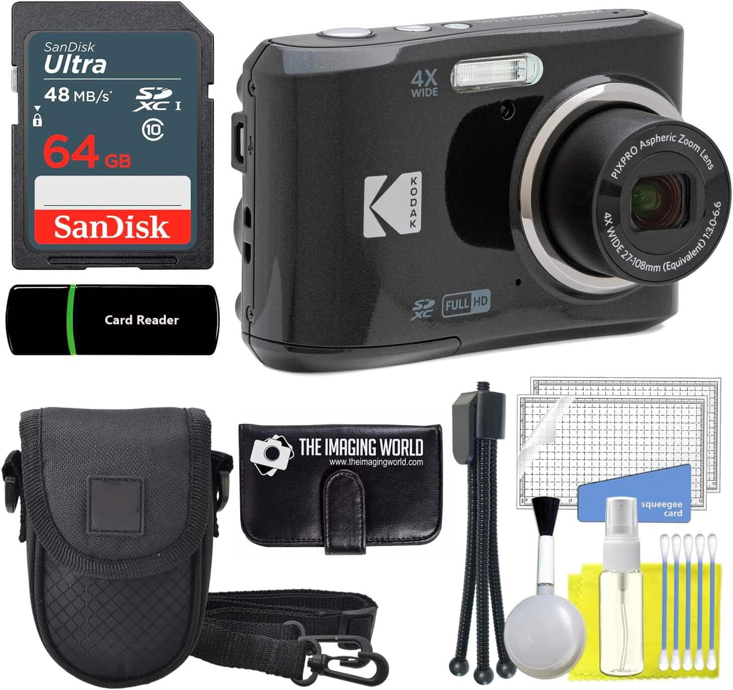 Kodak - PIXPRO FZ45 16MP Digital Camera 4X Optical Zoom 1080P Full HD Video (Black) + 64GB Card + Case + Memory Wallet + Bundle