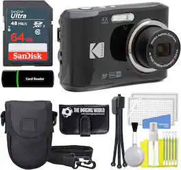 Kodak - PIXPRO FZ45 16MP Digital Camera 4X Optical Zoom 1080P Full HD Video (Black) + 64GB Card + Case + Memory Wallet + Bundle