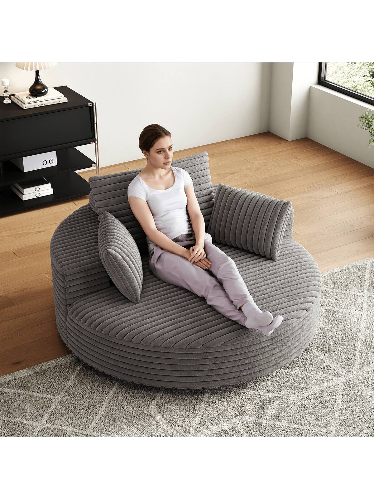 Left. Trinkets Crazed - 55" L Oversized Swivel Chair, Upholstered Corduroy Comfy Accent Chaise Lounge Sofa Chair - Gray.